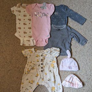 0-3 month bundle 3 onsies, 1 shirt, 1 romper, 2 hats